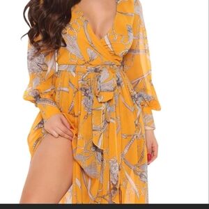 Fashion Nova NWT (size XL) long sleeve, belted Maxi dress. 100% polyester